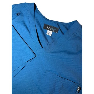Koi Lite Blue V Neck Scrub Top Size L Short Sleeve Pocket Zippers - Image 1 of 4