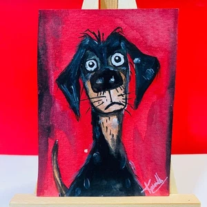 ACEO Whimsical Funny Black Dog Portrait Expressive Acrylic Painting Art card NEW - Picture 1 of 6