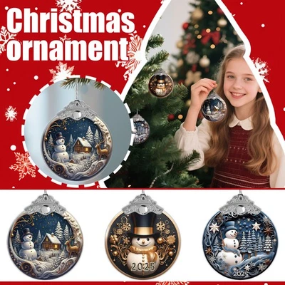 Schneemann Ornamente für Weihnachtsbaum 2025, 2D rund blau Schneemann - Bild 1 von 4