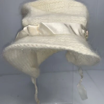 Vtg Hand-Knit Baby Bonnet Off White Soft  W/ Ribbon And Pink Flower Wired Brim - Image 1 of 4