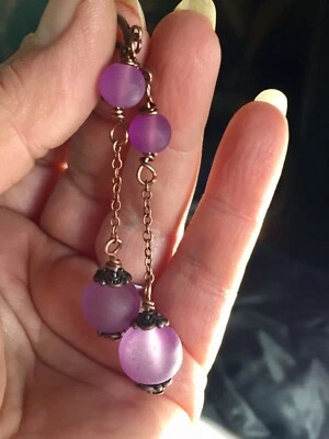 紫色海玻璃风格吊坠耳环深铜手工制作 — 第 1/4 张图片