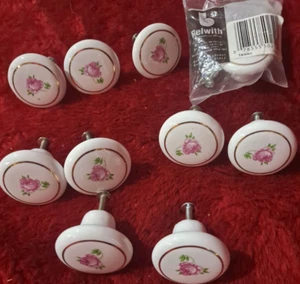 Lot 10 Vintage White Porcelain Drawer Knobs w/ Pink Roses and Gold Trim Belwith - Picture 1 of 13