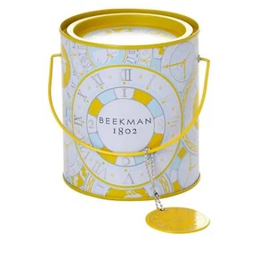 Beekman 1802 Ziegenseife Holiday White Beauty Eimer Dose gelbe Uhr Ziffern leer - Bild 1 von 1
