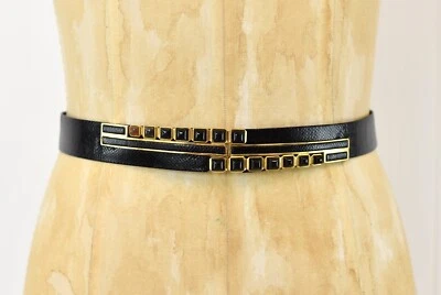 Cinturón de piedra dorada piel de reptil serpiente lagarto negro Judith Leiber de colección de los años 80 Foto 1 de 4