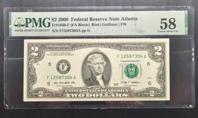 2009 $2  FRN Atlanta Fr#1939-F (F/A Block) PMG 58 (Fancy Serial# 12587304) - Image 1 of 2