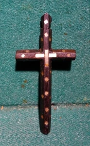 Antiq 18th LG 83mm CRUZ DE MADERA PECTORAL con INCRUSTACIÓN MADRE PERLA DE TIERRA SANTA - Imagen 1 de 7