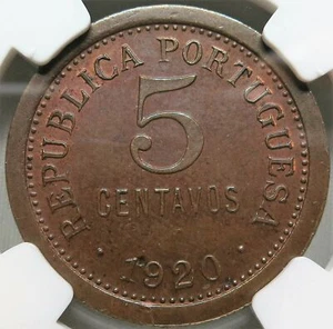 PORTUGAL Republic 5 Centavos 1920 NGC MS 63 BN UNC Bronze Toned Graded SCARCE - Picture 1 of 8