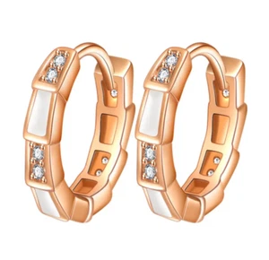 Rose Gold | 925 Sterling Silver Mother Of Pearl CZ Huggie Hoop Earrings - Picture 1 of 2