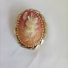 Floral Cameo Pin Brooch Resin Gold Tone Coral White Vintage