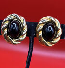 Vintage Signed Stannard Gold Tone Rope Twist Black Lucite Cabochon Earrings