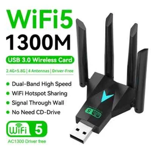2.4G/5G Dual Band WiFi Dongle 1300Mbps USB Adapter Wireless Receiver Laptop PC - Picture 1 of 4