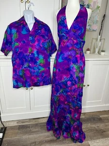 1960s Harriet’s Hawaiian Honeymoon Set Barkcloth 12 Halter Maxi & Lrg Button-Up - Picture 1 of 16