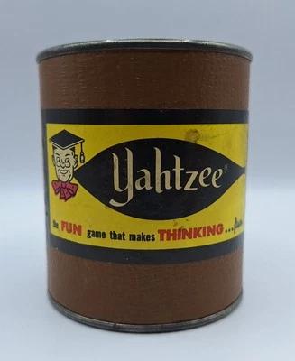 Vintage Yahtzee Dice Shaker Copo Estampa de Couro Lata Anos 1950/1960 - Imagem 1 de 4