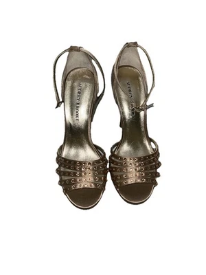 Size 8.5 Audrey Brooke Champagne Metallic Heels With Rhinestone Studded Accents - Image 1 of 4