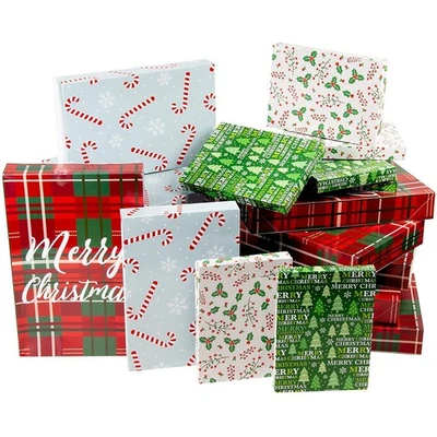 24 Pack Christmas Boxes for Gifts with Lids for Presents in 4 Designs, 3 Sizes - Image 1 of 4