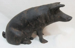 Vintage Cast Iron Black Sitting Pig Piggy Bank / Door Stop Farmhouse - Picture 1 of 4
