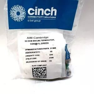 CINCH AIM-Cambridge 27-9008 50 ohmios BNC (M) Terminator 1/2W 1% verde 10 cada uno NUEVO - Imagen 1 de 2