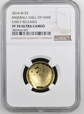 2014-W $5 Gold Baseball Hall of Fame BHoF Early Releases NGC PR70,  33K Minted! - Image 1 of 2