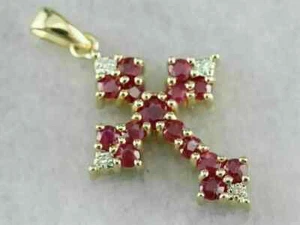 2.00 Ct Round Cut Red Ruby & Diamond Cross Pendant 14k Yellow Gold Over - Picture 1 of 4