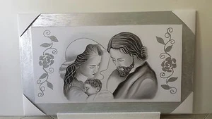 QUADRO SACRA FAMIGLIA CAPEZZALE DIPINTO SU TELA LEGNO DECORO ARGENTO ARREDO CASA - Picture 1 of 1