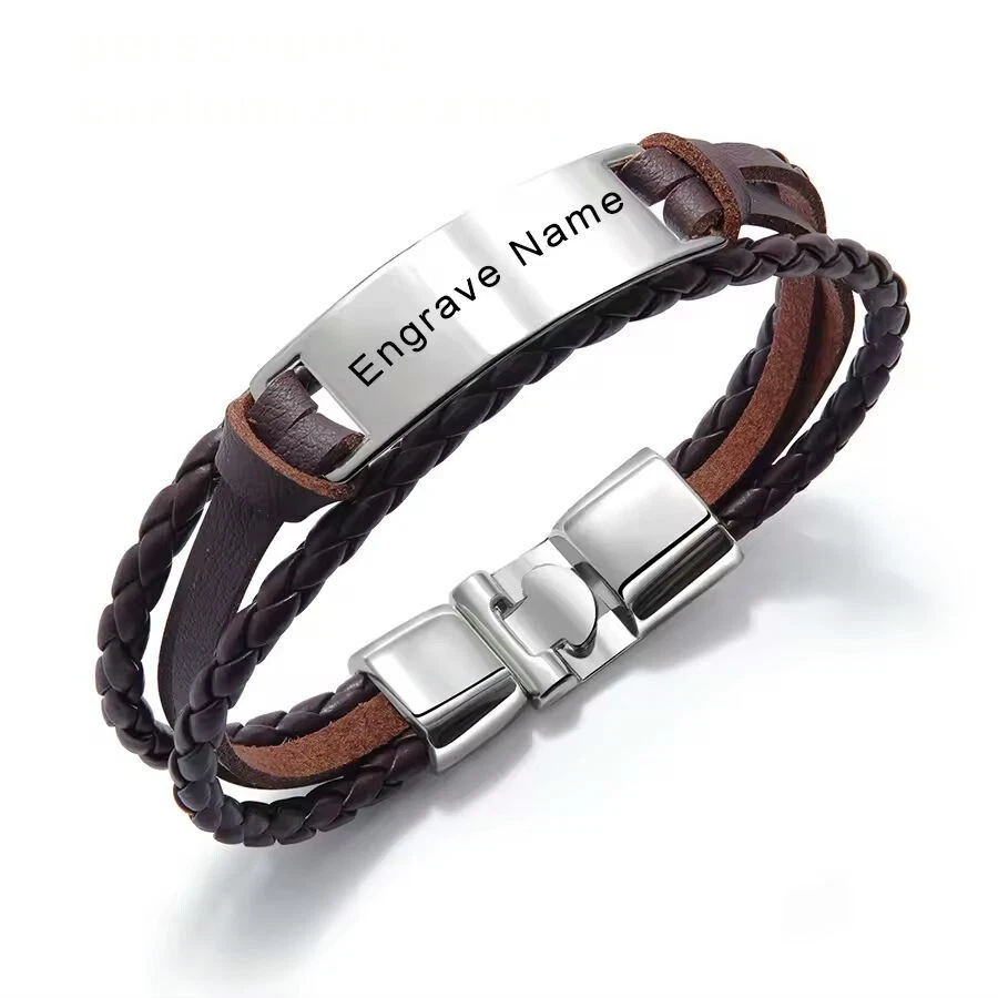 Customized Name Bracelet Engraved Leather Rope Chain Jewelry Stainless Steel - Image 1 of 4