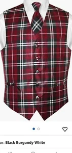 MEN'S MATCHING VEST & NECKTIE SET BLACK BURGUNDY WHITE SIZE XL - Picture 1 of 2