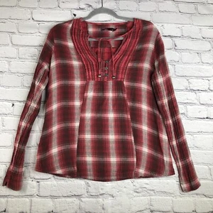 PrAna Top Women Medium V Neck Long Sleeve Plaid Organic Cotton Pullover Tie - Picture 1 of 9