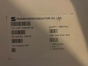 S1M R2 7500Pcs Roll SMT Switching Diode; 1000V 1A; 1500ns; 2-Pin DO-214AC - Picture 1 of 4