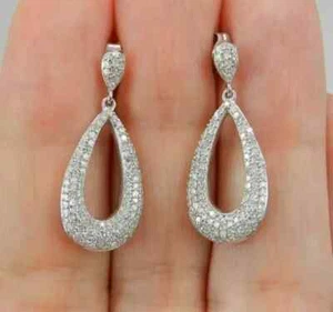 2Ct Round Lab Created Diamond Women's Drop/Dangle Earrings 14K White Gold Plated - Picture 1 of 5