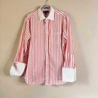 Paul Fredrick Shirt Mens 17 - 34 Orange Striped French Cuff Imperial 100s 2 ply - Image 1 of 4