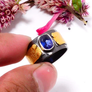 Zaffiro Blu - Anello simulato in argento sterling 925 placcato nero e oro s.6,5 S29 - Foto 1 di 2