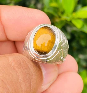 Tiger Eye Stone Original Tiger Stone Natural Tiger Eye Stone Ring Silver 925 - Picture 1 of 8