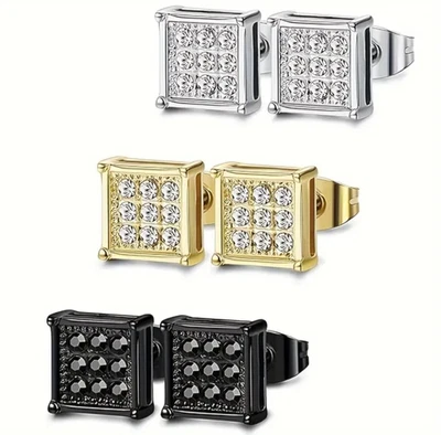 3 pares de aretes cuadrados unisex de circonitas cúbicas micro pavé de acero quirúrgico 316L Foto 1 de 4
