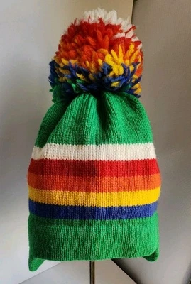 VTG 70's SCOTT USA Rainbow Knit Wool Pom Winter Ski Beanie Cap Retro Vibes  - Image 1 of 4