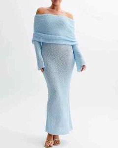 Meshki Marisol Off Shoulder Boucle Maxi Dress Womens XL Blue Bodycon Long NWT - Picture 1 of 9