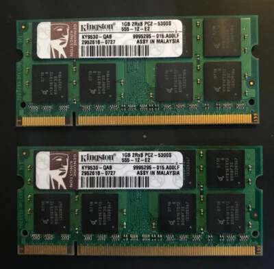 mémoire ram DDR2 Sodimm KINGSTON 1GB-2Rx8-PC2-5300S-555-12-E2   2x1GB = 2GB - Photo 1/2