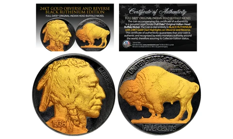 1930's BLACK RUTHENIUM / 24K GOLD Original Indian Head Buffalo Nickel FULL DATES Cover