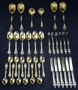 BESTECK SILBER GOLD 925er 36 TEILE 6 PERSONEN LONDON ADAMS HUNT ROSKELL 1854 /72 - Bild 1 von 11