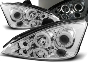 Headlights for Ford Focus 1998 1999 2000 2001 VR-1269 Angel Eyes Chrome - Picture 1 of 1