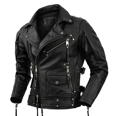 MEN'S GENUINE COWHIDE PREMIUM LEATHER MOTORCYCLE BIKER TOP LEATHER JACKET BLACK - Image 1 of 4