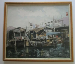 PARFITT PAINTING SIGNED OLD JUNK BOATS CHINA ? NAUTICAL VILLAGE MARINA OLD PORT - Picture 1 of 6