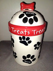 Dog Treat Ceramic Canister Jar w red bone lid handle and black paw design