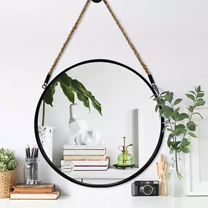 round Hanging Mirror - Wall Mirrors Decorative 20" Rope Mirror Black Metal Frame - Picture 1 of 9
