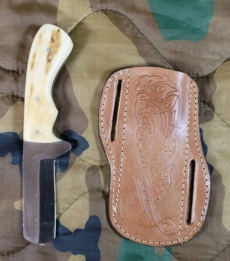 3in Bull Cutting Knife With Leather Sheath And imitation Bone Scales - Image 1 of 4