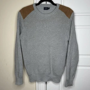 J Crew Sweater Mens Medium Gray Brown Faux Suede Shoulders Patch Woodsman Ribbed - Picture 1 of 8