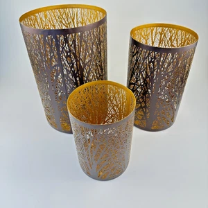 Set of 3 Metal Tree Cutout Candle Holders Gold Interior Forest Lantern Decor - Picture 1 of 14