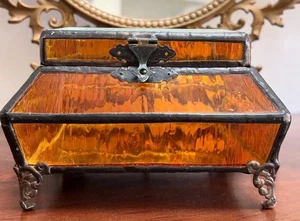 Antique Leaded Glass Rich Amber Jewelry Casket Box Footed Brass Mirrored 5.5” - Picture 1 of 12