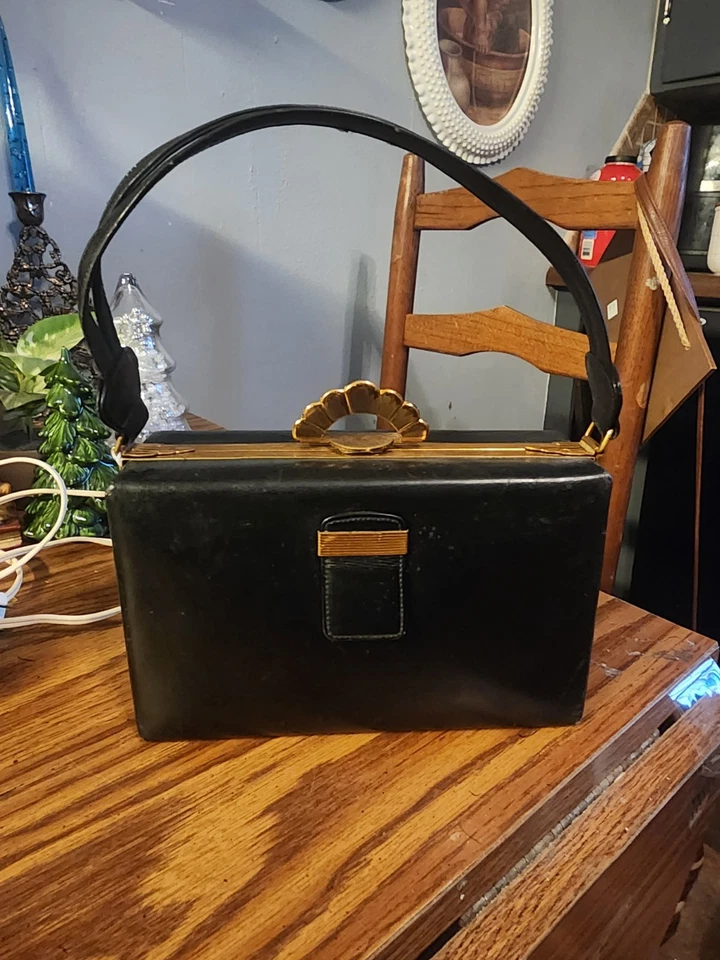 Bolsa de mão de couro vintage Art Deco Evans Elegance, preta e dourada RARA DÉCADA DE 1930 - Imagem 1 de 4
