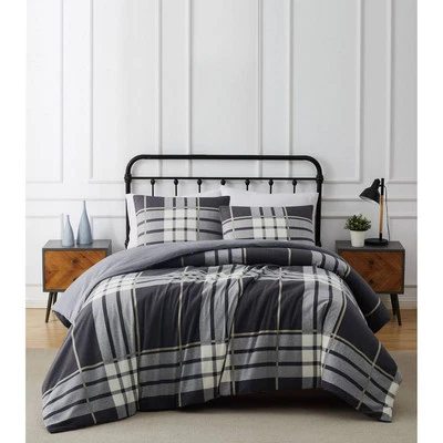 3pc Full/Queen Milo Plaid Flannel Duvet Cover Set Gray - Truly Soft