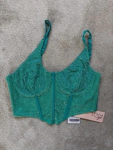 Oh Polly New UK 12 Turquoise Rain On Me Embellished Corset Crop Top - Picture 1 of 2